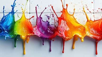 Fototapeta premium Multicolored paint splatters on a white wall against a white brick backdrop