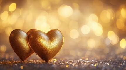 Fototapeta premium Valentine's Day scene with two golden hearts shining brightly, set against a festive and romantic background.