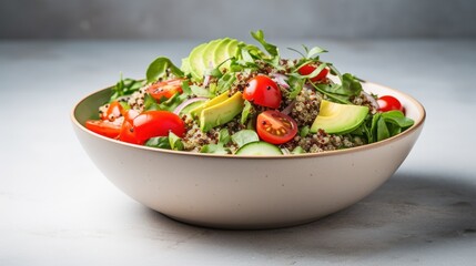  salad bowl filled with quinoa, mixed greens, cherry tomatoes, cucumbers, avocado, 