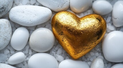 Obraz premium Vibrant golden heart placed on smooth white stones, symbolizing love and luxury with a minimalist touch.