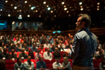 Obraz premium Motivational Speaker Inspiring Audience at Modern Conference