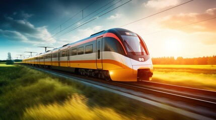 Naklejka premium A modern passenger train speeding through a picturesque countryside, 