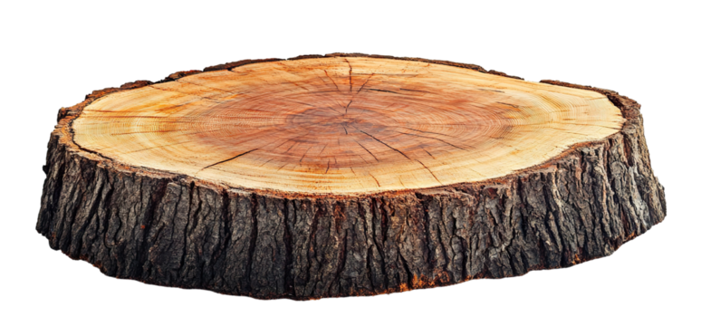 Old tree stump with bark and visible rings, isolated on transparent cutout background