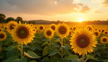 Fototapeta premium Sunflower field at sunrise golden glow vibrant life