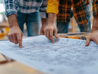 Engineer with blueprints discussing a project with colleagues at a construction site