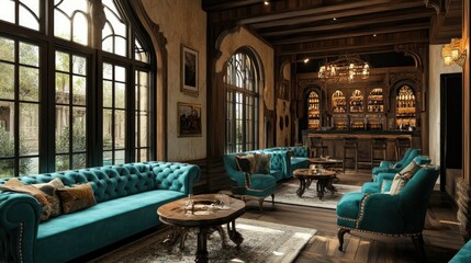 Fototapeta premium Vintage medieval-inspired room with teal sofas and chairs, complemented by rustic wooden accents and traditional decor.