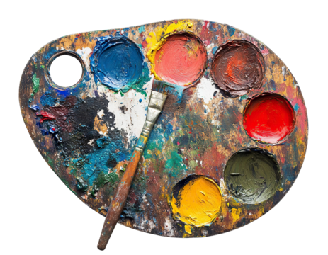 Artist paint palette with colorful paints and brush, isolated on transparent cutout background