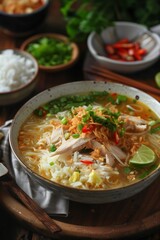 Delicious chicken noodle soup served in a bowl with fresh herbs, lime, and red chili on a wooden table with rice on the side