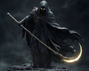 Obraz premium Anime Grim Reaper statue wielding a scythe with a sleek and elegant design dark flowing cloak with glowing eyes eerie yet captivating