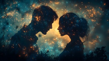Couple Silhouettes Against Starry Night Sky.