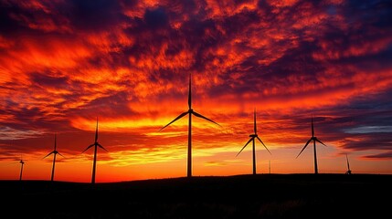 Obraz premium Wind turbines in the distance, silhouetted against a fiery sunset, with the sky ablaze in orange and red hues. Perfect for an energetic, eco-friendly wallpaper.