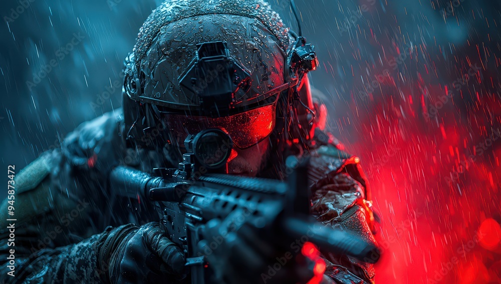 Wall mural a red and black special forces soldier in night vision goggles holds an assault rifle, with rain pou