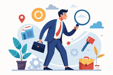 Search and discovery career opportunity, search for new job, find resource or job vacancy, support or career development advice, finding solution, businessman with magnifying glass help search job.
