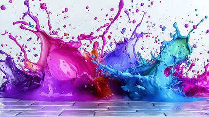   A colorful liquid spills onto the white tiled floor near the wall