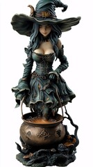 Fototapeta premium Anime witch statue holding a bubbling cauldron wearing a detailed witch’s outfit with a large hat magical and charming