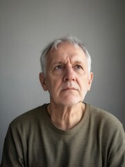 Obraz premium An elderly man with gray hair looks upward, reflecting in a minimalistic indoor space. Natural light softly illuminates his contemplative expression. Generative AI