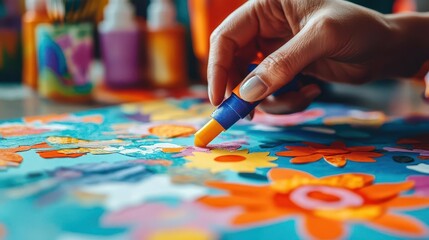 Obraz premium Glue stick being applied to craft paper, with cutouts and vibrant colors