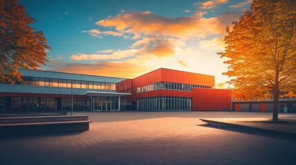 Obraz premium Modern school building in golden-hour lighting with geometric design