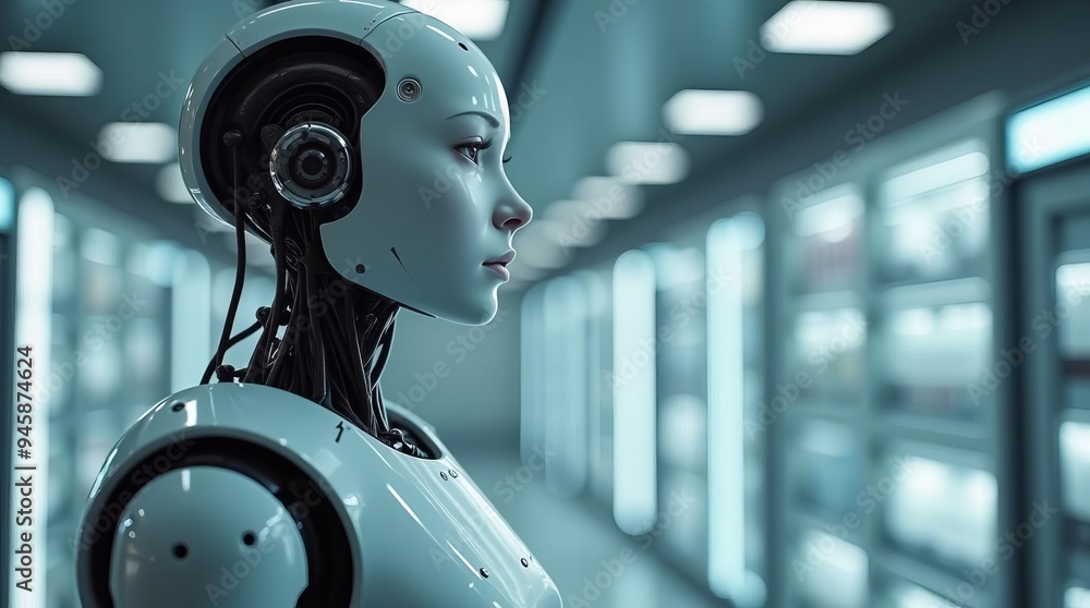 Poster futuristic humanoid robot: advanced artificial intelligence in modern technology environment