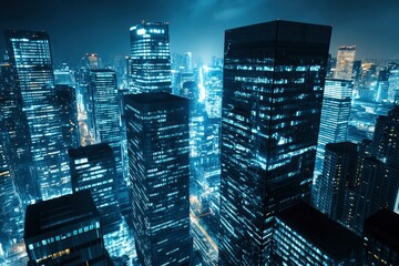 Nighttime view of a technologically advanced city with sleek, illuminated skyscrapers. Premium background for the latest technology needs , ai