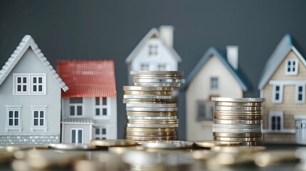 Miniature House Model with Stacked Coins Representing Real Estate Investments and Mortgage Concepts