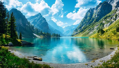 Crystal Clear Mountain Lake Surrounded by Majestic Peaks and Lush Greenery Under a Vibrant Blue Sky