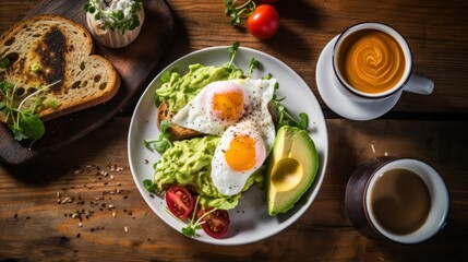 top-down view of avocado toast, poached eggs, fresh fruit, and a steaming cup of coffee 