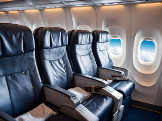 Fototapeta premium A close up image of three side by side economy class leather seats with no passangers in an airplane with a sky view from ta window.