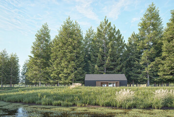 Serene lakeside scene.Features a log cabin nestled in the middle of a forest, surrounded by calm water and lush green grass. 3D illustration