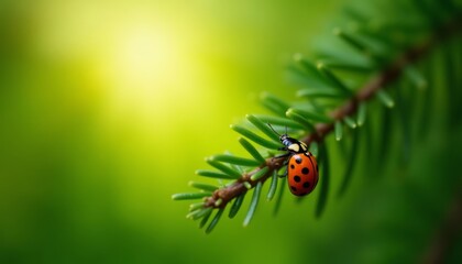 Obraz premium Natures vibrant harmony A ladybug on a pine branch