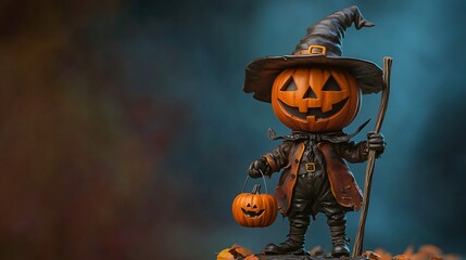 Cartoon Halloween statue, featuring a playful jack-o'-lantern head, holding a small pumpkin in one hand and a broom in the other, wearing a spooky but friendly expression