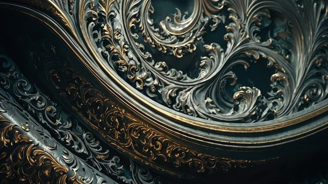 Video footage of  close up view of an ornate, decorative pattern with intricate details,pattern be engraved on a metallic surface