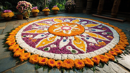 Intricate Rangoli design made with colorful powders and flowers for Krishna Janmashtami, beautifully displayed at the entrance of a temple