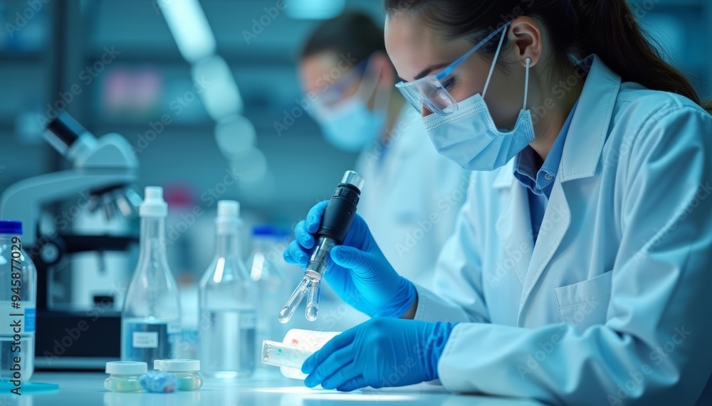 Poster focused scientist conducting a precise experiment in a lab