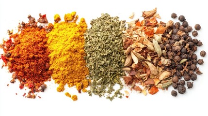 A colorful assortment of spices arranged in piles, showcasing their vibrant colors and textures.