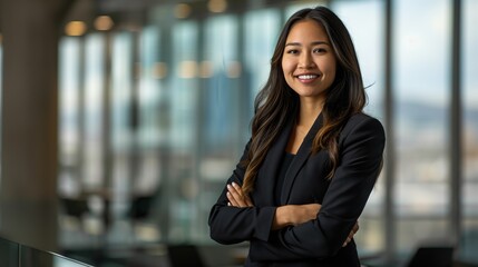 Asian American businesswoman smiling confidently in a corporate office setting