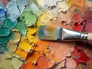 Fototapeta premium Oil paints squeezed out onto a palette, with a brush ready to mix colors