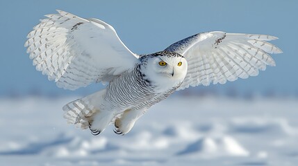 A snowy owl soaring gracefully through a winter landscape.