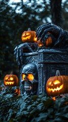 Creepy Halloween tomb statue eerie engravings and flickering lights ghostly hands rising from the ground with jack-o-lanterns illuminating the scene