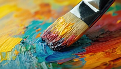 Obraz premium Paintbrush dipped in vibrant paint, ready to apply to a canvas