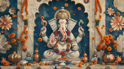 Obraz premium Elegant Ganesh Chaturthi Altar Decorated with Flowers and Offerings 