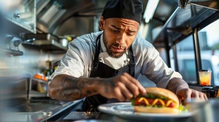 African American food truck chef carefully arranging a hot dog