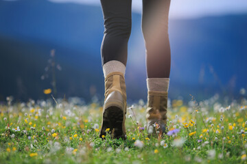 Hiker legs in leather boots walking on beautiful flowering grassland