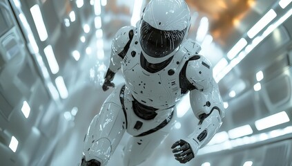 Fototapeta premium A white humanoid robot with black details running in the background of light rays, inside an illuminated futuristic data center full of chrome and silver walls. 