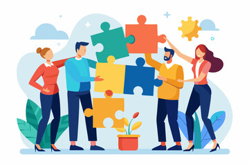 Teamwork working together to success, cooperation or team building collaborate to solve problem, partnership, help and support, business people colleagues help work together to connect jigsaw puzzle.
