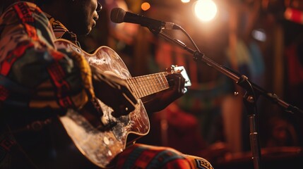 Naklejka premium African musician performing with acoustic guitar on stage under warm lighting