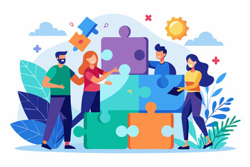 Teamwork working together to success, cooperation or team building collaborate to solve problem, partnership, help and support, business people colleagues help work together to connect jigsaw puzzle.
