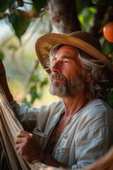 Serene elderly man with a gray beard relaxing in a hammock outdoors, enjoying a peaceful moment in nature wearing a sun hat.