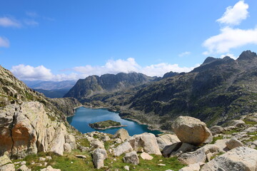Mountain lake Lac de Mar in Aiguestortes and Sant Maurici National Park, GR11 long-distance hiking trail, Pyrenees