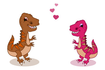 A couple of two dinosaurs with pink hearts on a white background - vector